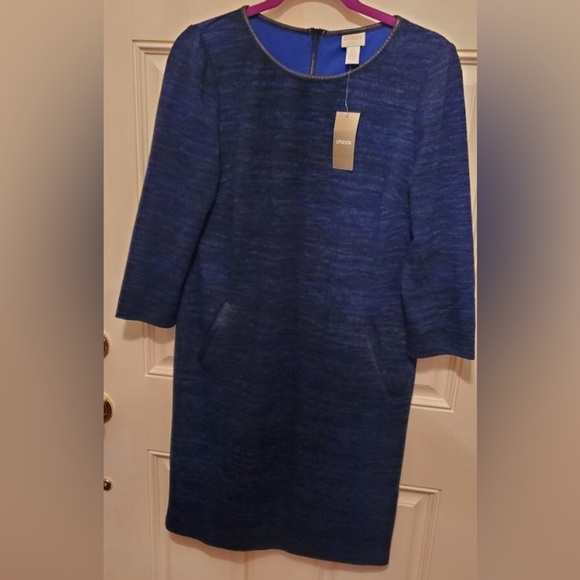 Chico's Dresses & Skirts - NWT Chico’s Faux Leather Trim Jacquard Blue Long Sleeve Dress Sz S/ Chicos Sz 0